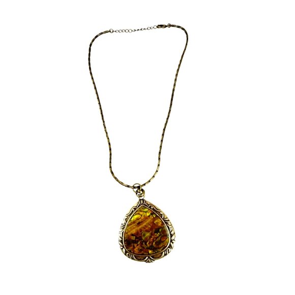Vintage Abalone Pendant Necklace Double Sided Bird Floral Brass Tone 2.5" - Picture 5 of 8